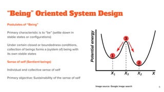 Postulates of “Being”
Primary characteristic is to “be” (settle down in
stable states or configurations)
Under certain closed or boundedness conditions,
collection of beings forms a (system of) being with
its own stable states
Sense of self (Sentient beings)
Individual and collective sense of self
Primary objective: Sustainability of the sense of self
“Being” Oriented System Design
5
Image source: Google image search
 