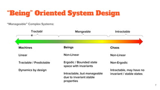 “Being” Oriented System Design
“Manageable” Complex Systems:
7
Tractabl
e
Mangeable Intractable
Machines
Linear
Tractable / Predictable
Dynamics by design
Beings
Non-Linear
Ergodic / Bounded state
space with invariants
Intractable, but manageable
due to invariant stable
properties
Chaos
Non-Linear
Non-Ergodic
Intractable, may have no
invariant / stable states
 