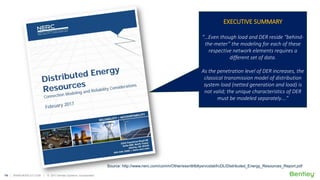 14 | WWW.BENTLEY.COM | © 2017 Bentley Systems, Incorporated
EXECUTIVE SUMMARY
“…Even though load and DER reside “behind-
the-meter” the modeling for each of these
respective network elements requires a
different set of data.
As the penetration level of DER increases, the
classical transmission model of distribution
system load (netted generation and load) is
not valid; the unique characteristics of DER
must be modeled separately….”
Source: http://www.nerc.com/comm/Other/essntlrlbltysrvcstskfrcDL/Distributed_Energy_Resources_Report.pdf
 