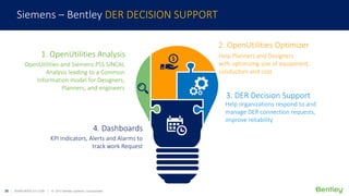 20 | WWW.BENTLEY.COM | © 2017 Bentley Systems, Incorporated
Help Planners and Designers
with optimizing size of equipment,
conductors and cost
2. OpenUtilities Optimizer
OpenUtilities and Siemens PSS SINCAL
Analysis leading to a Common
Information model for Designers,
Planners, and engineers
1. OpenUtilities Analysis
Help organizations respond to and
manage DER connection requests,
improve reliability
3. DER Decision Support
KPI Indicators, Alerts and Alarms to
track work Request
4. Dashboards
Siemens – Bentley DER DECISION SUPPORT
 