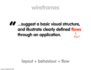 wireframes


                “           ...suggest a basic visual structure,
                            and illustrate c...