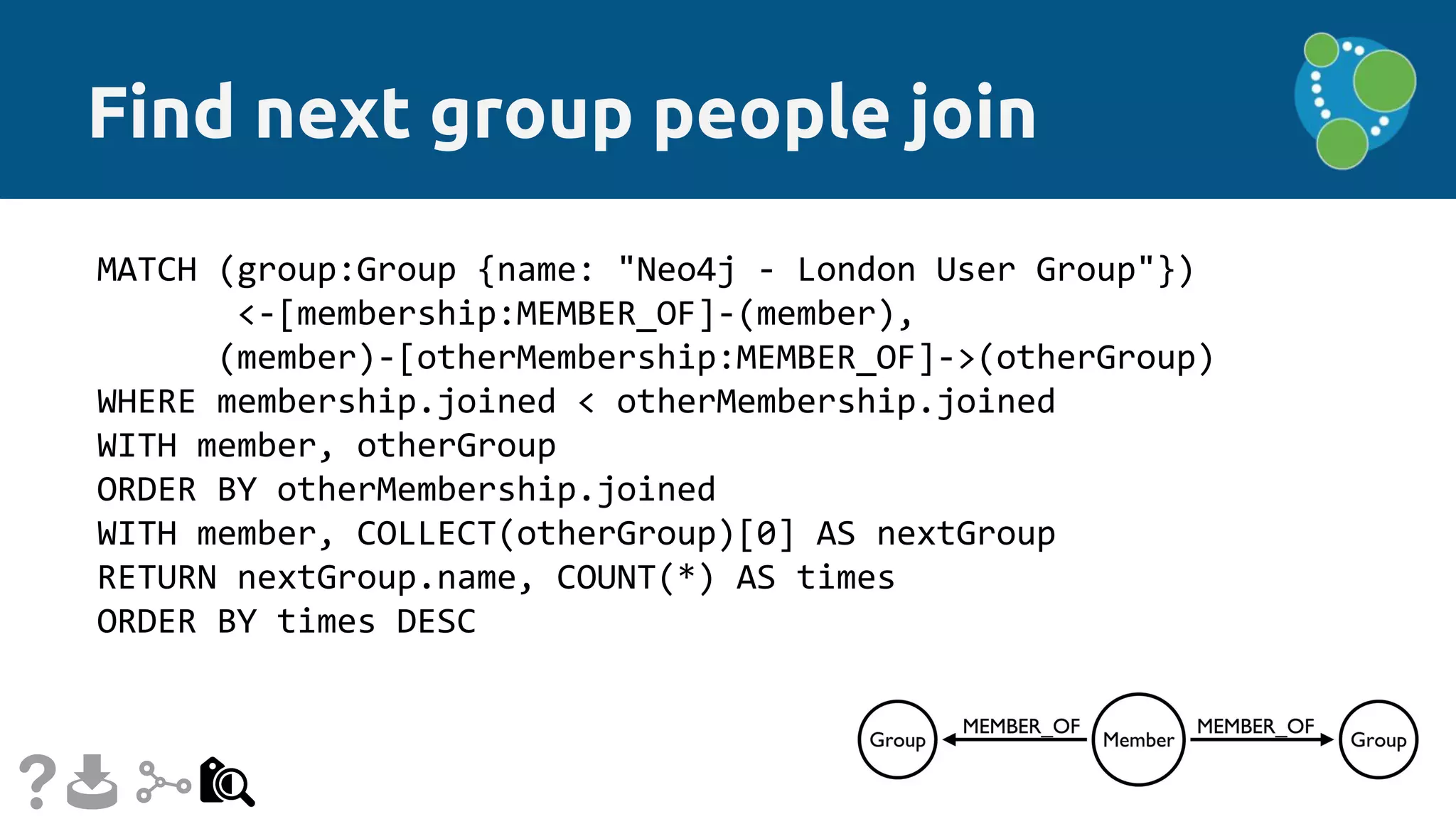 Find next group people join
MATCH (group:Group {name: "Neo4j - London User Group"})
<-[membership:MEMBER_OF]-(member),
(member)-[otherMembership:MEMBER_OF]->(otherGroup)
WHERE membership.joined < otherMembership.joined
WITH member, otherGroup
ORDER BY otherMembership.joined
WITH member, COLLECT(otherGroup)[0] AS nextGroup
RETURN nextGroup.name, COUNT(*) AS times
ORDER BY times DESC
 