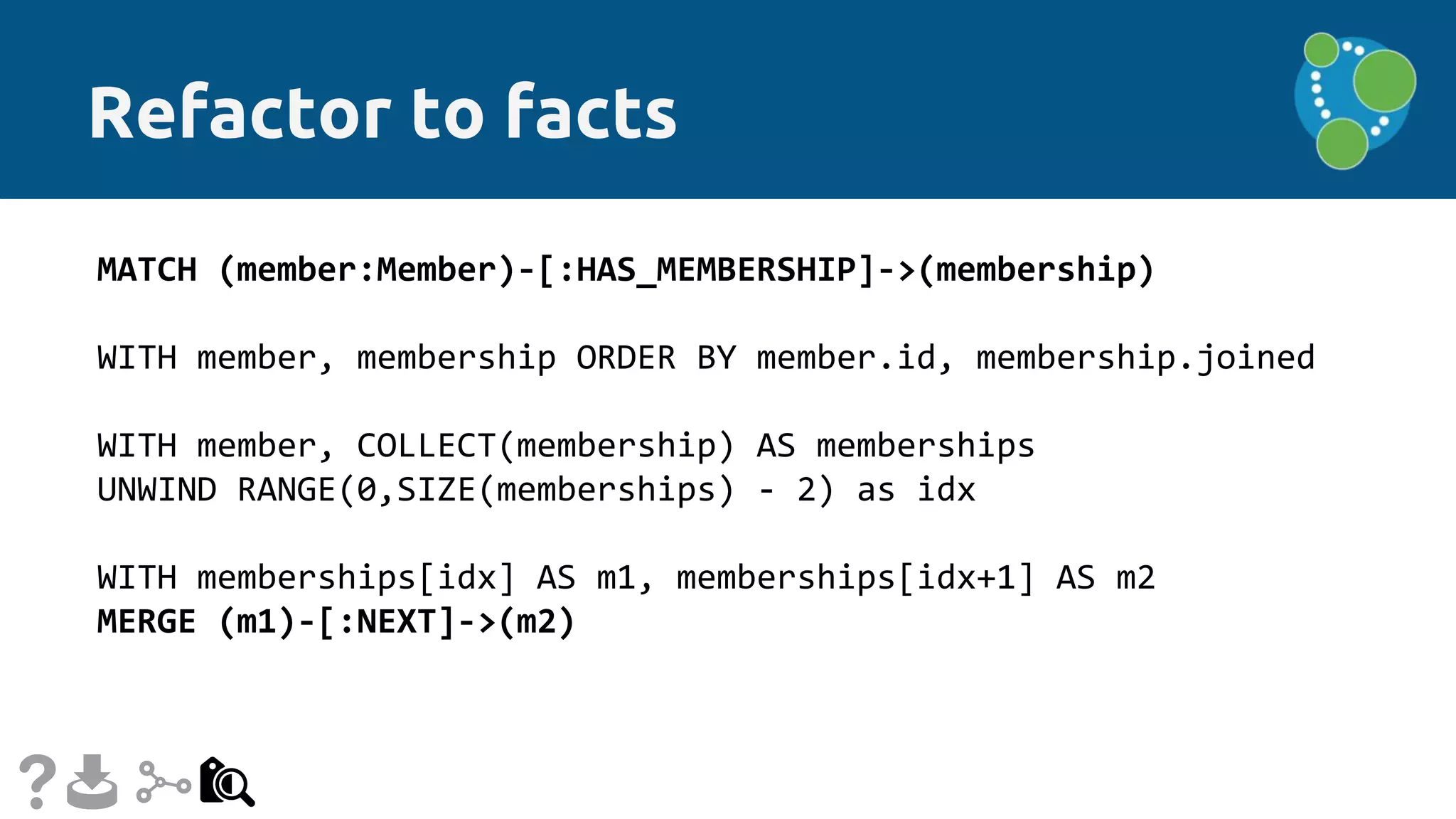 Refactor to facts
MATCH (member:Member)-[:HAS_MEMBERSHIP]->(membership)
WITH member, membership ORDER BY member.id, membership.joined
WITH member, COLLECT(membership) AS memberships
UNWIND RANGE(0,SIZE(memberships) - 2) as idx
WITH memberships[idx] AS m1, memberships[idx+1] AS m2
MERGE (m1)-[:NEXT]->(m2)
 