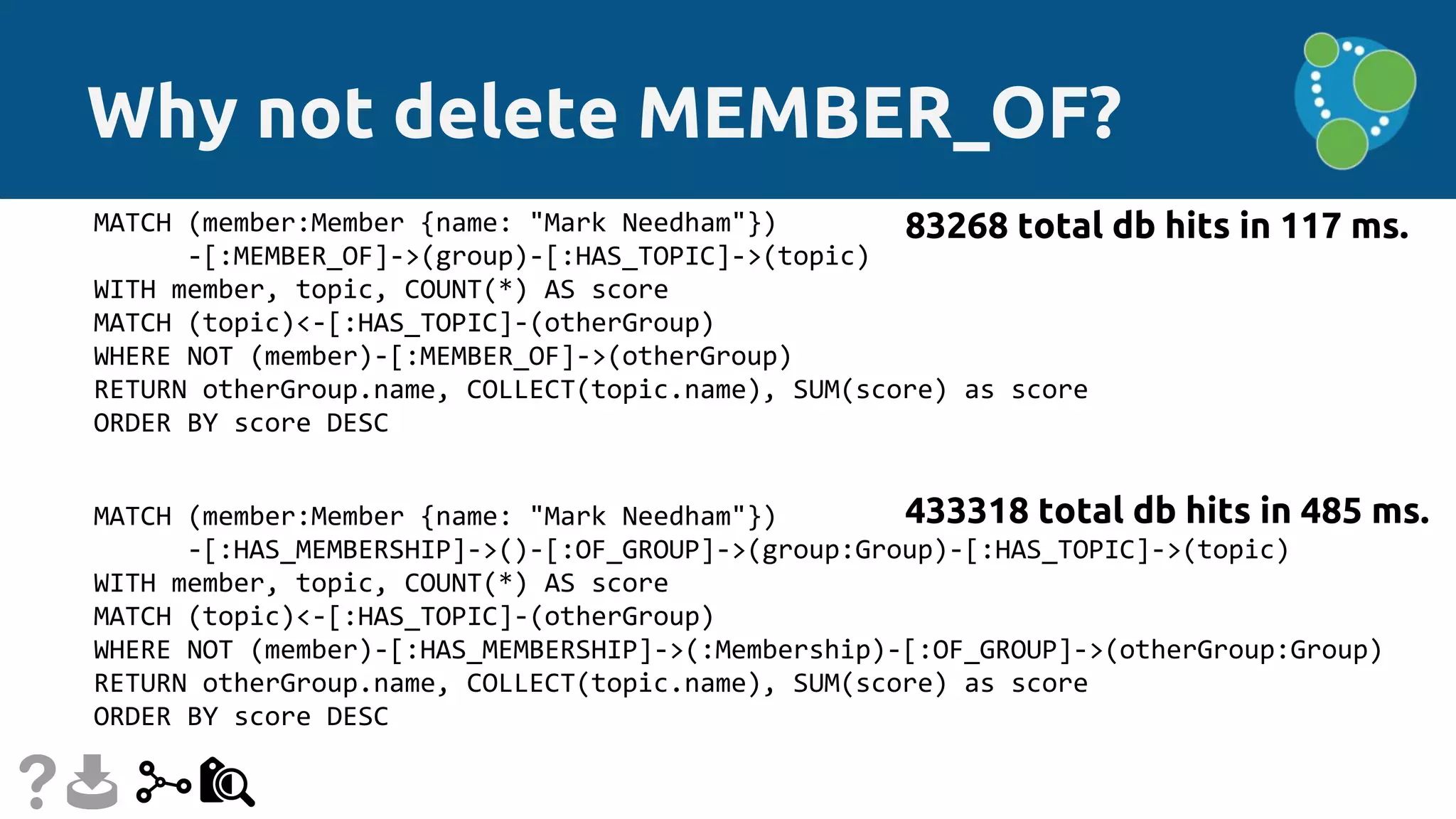 Why not delete MEMBER_OF?
MATCH (member:Member {name: "Mark Needham"})
-[:MEMBER_OF]->(group)-[:HAS_TOPIC]->(topic)
WITH member, topic, COUNT(*) AS score
MATCH (topic)<-[:HAS_TOPIC]-(otherGroup)
WHERE NOT (member)-[:MEMBER_OF]->(otherGroup)
RETURN otherGroup.name, COLLECT(topic.name), SUM(score) as score
ORDER BY score DESC
MATCH (member:Member {name: "Mark Needham"})
-[:HAS_MEMBERSHIP]->()-[:OF_GROUP]->(group:Group)-[:HAS_TOPIC]->(topic)
WITH member, topic, COUNT(*) AS score
MATCH (topic)<-[:HAS_TOPIC]-(otherGroup)
WHERE NOT (member)-[:HAS_MEMBERSHIP]->(:Membership)-[:OF_GROUP]->(otherGroup:Group)
RETURN otherGroup.name, COLLECT(topic.name), SUM(score) as score
ORDER BY score DESC
433318 total db hits in 485 ms.
83268 total db hits in 117 ms.
 