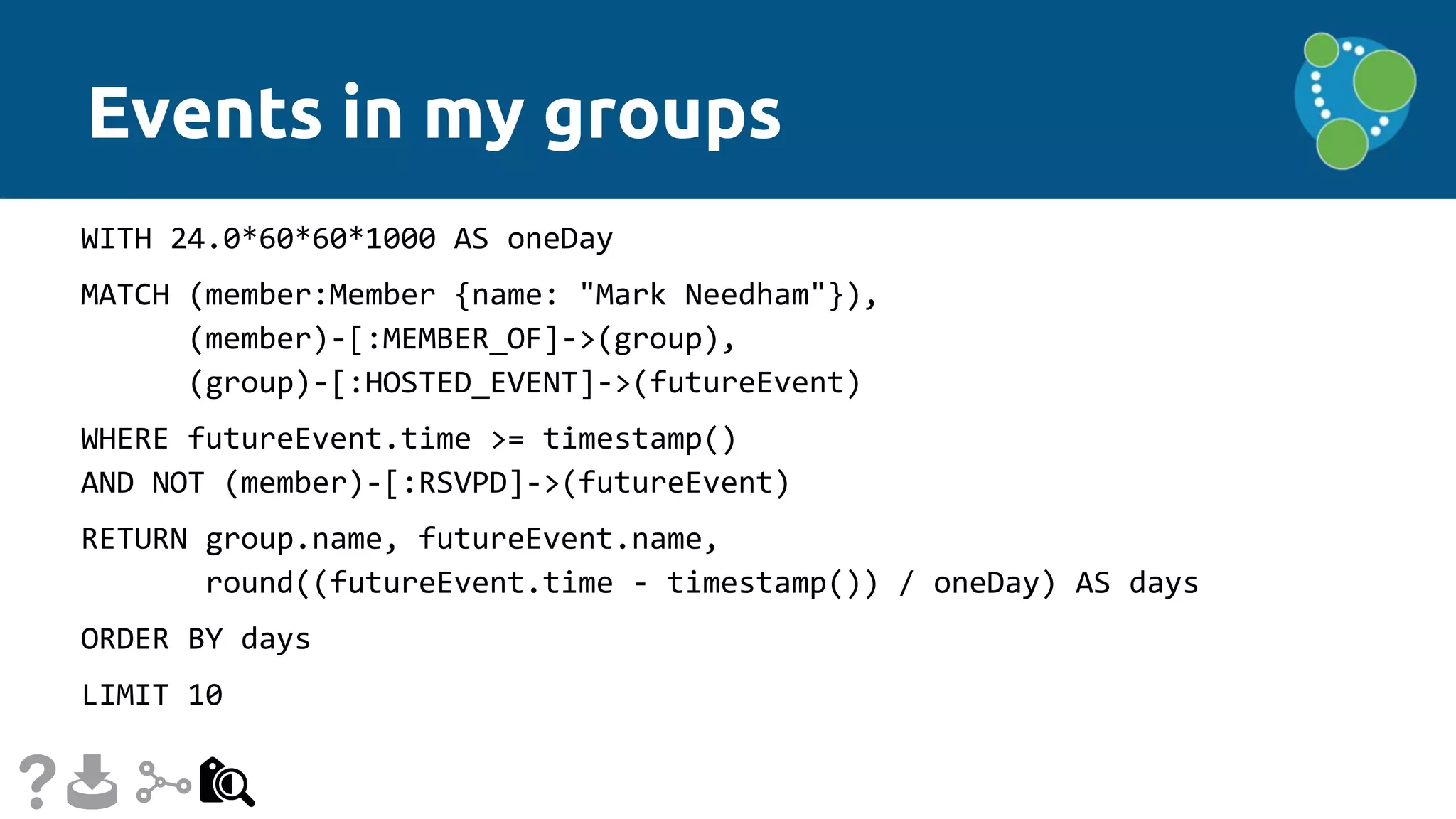 WITH 24.0*60*60*1000 AS oneDay
MATCH (member:Member {name: "Mark Needham"}),
(member)-[:MEMBER_OF]->(group),
(group)-[:HOSTED_EVENT]->(futureEvent)
WHERE futureEvent.time >= timestamp()
AND NOT (member)-[:RSVPD]->(futureEvent)
RETURN group.name, futureEvent.name,
round((futureEvent.time - timestamp()) / oneDay) AS days
ORDER BY days
LIMIT 10
Events in my groups
 