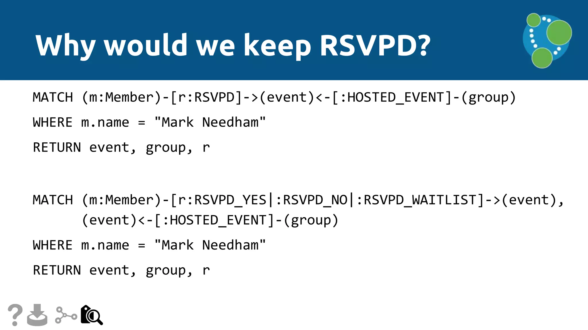 Why would we keep RSVPD?
MATCH (m:Member)-[r:RSVPD]->(event)<-[:HOSTED_EVENT]-(group)
WHERE m.name = "Mark Needham"
RETURN event, group, r
MATCH (m:Member)-[r:RSVPD_YES|:RSVPD_NO|:RSVPD_WAITLIST]->(event),
(event)<-[:HOSTED_EVENT]-(group)
WHERE m.name = "Mark Needham"
RETURN event, group, r
 