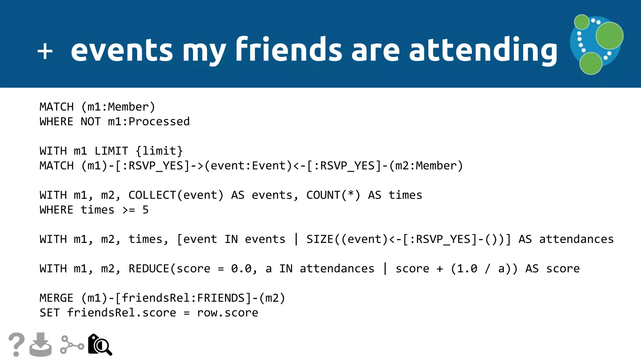 + events my friends are attending
MATCH (m1:Member)
WHERE NOT m1:Processed
WITH m1 LIMIT {limit}
MATCH (m1)-[:RSVP_YES]->(event:Event)<-[:RSVP_YES]-(m2:Member)
WITH m1, m2, COLLECT(event) AS events, COUNT(*) AS times
WHERE times >= 5
WITH m1, m2, times, [event IN events | SIZE((event)<-[:RSVP_YES]-())] AS attendances
WITH m1, m2, REDUCE(score = 0.0, a IN attendances | score + (1.0 / a)) AS score
MERGE (m1)-[friendsRel:FRIENDS]-(m2)
SET friendsRel.score = row.score
 