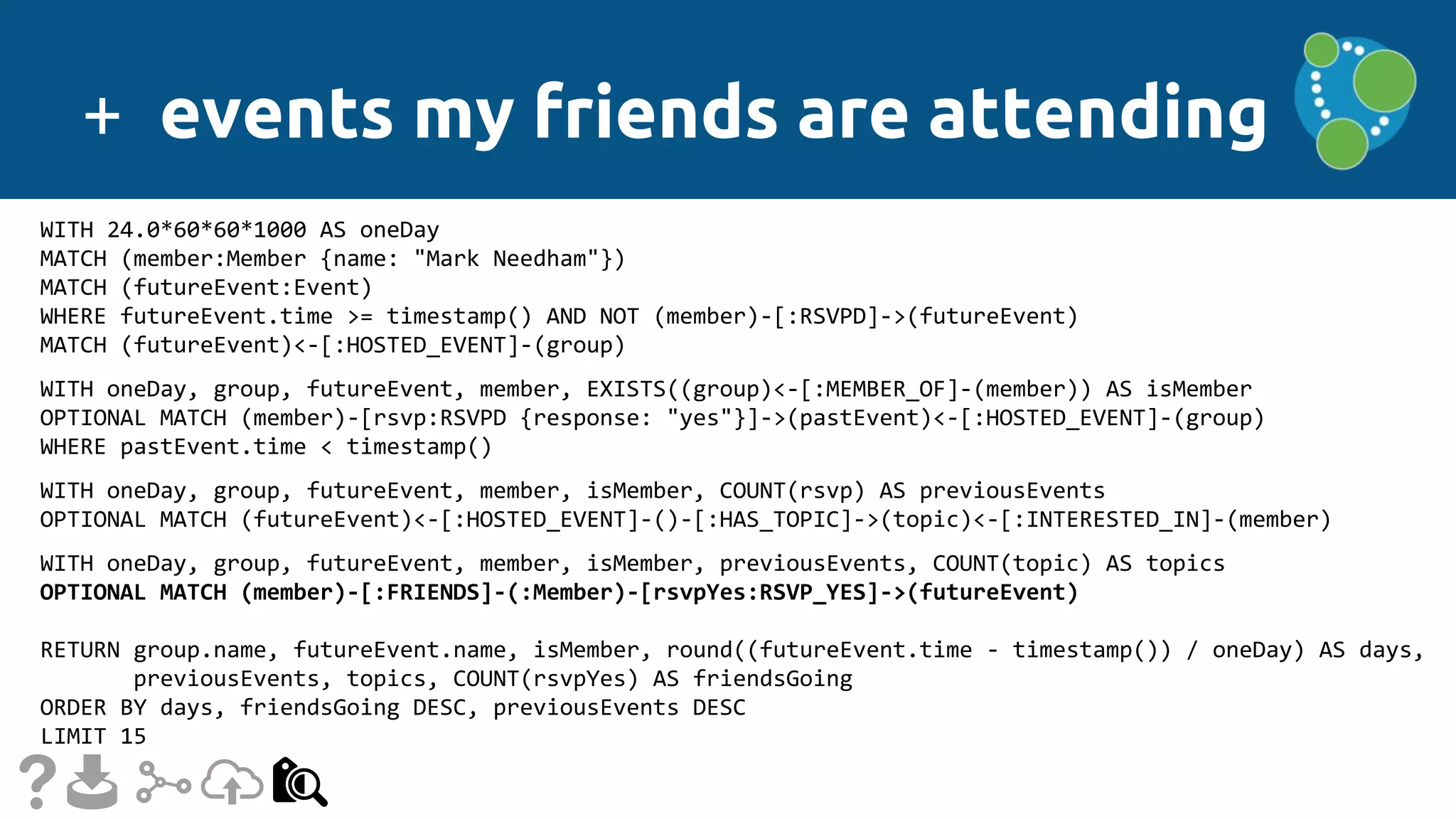 + events my friends are attending
WITH 24.0*60*60*1000 AS oneDay
MATCH (member:Member {name: "Mark Needham"})
MATCH (futureEvent:Event)
WHERE futureEvent.time >= timestamp() AND NOT (member)-[:RSVPD]->(futureEvent)
MATCH (futureEvent)<-[:HOSTED_EVENT]-(group)
WITH oneDay, group, futureEvent, member, EXISTS((group)<-[:MEMBER_OF]-(member)) AS isMember
OPTIONAL MATCH (member)-[rsvp:RSVPD {response: "yes"}]->(pastEvent)<-[:HOSTED_EVENT]-(group)
WHERE pastEvent.time < timestamp()
WITH oneDay, group, futureEvent, member, isMember, COUNT(rsvp) AS previousEvents
OPTIONAL MATCH (futureEvent)<-[:HOSTED_EVENT]-()-[:HAS_TOPIC]->(topic)<-[:INTERESTED_IN]-(member)
WITH oneDay, group, futureEvent, member, isMember, previousEvents, COUNT(topic) AS topics
OPTIONAL MATCH (member)-[:FRIENDS]-(:Member)-[rsvpYes:RSVP_YES]->(futureEvent)
RETURN group.name, futureEvent.name, isMember, round((futureEvent.time - timestamp()) / oneDay) AS days,
previousEvents, topics, COUNT(rsvpYes) AS friendsGoing
ORDER BY days, friendsGoing DESC, previousEvents DESC
LIMIT 15
 