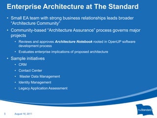 5Enterprise Architecture at The StandardSmall EA team with strong business relationships leads broader “Architecture Community”Community-based “Architecture Assurance” process governs major projectsReviews and approves Architecture Notebook rooted in OpenUP software development process Evaluates enterprise implications of proposed architecture Sample initiatives CRMContact Center Master Data ManagementIdentity ManagementLegacy Application Assessment January 25, 2011