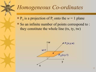 Homogeneous Co-ordinates
 P2d is a projection of Ph onto the w = 1 plane
 So an infinite number of points correspond to :

they constitute the whole line (tx, ty, tw)

w

Ph(x,y,w)

w=1
P2d(x,y,1)

y
x
12

 