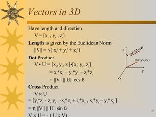 Vectors in 3D
Have length and direction
V = [xv , yv , zv]
Length is given by the Euclidean Norm
||V|| = √( xv2 + yv2 + zv2 )
Dot Product
V • U = [xv, yv, zv]•[xu, yu, zu]
= xv*xu + yv*yu + zv*zu
= ||V|| || U|| cos ß
Cross Product
V×U
= [yv*zu - zv yu , -xv*zu + zv*xu , xv*yu – yv*xu ]
= η ||V|| || U|| sin ß
V × U = - ( U x V)

z

K
J+c
b
aI+
V=
(xv,yv,zv)

y
x

23

 