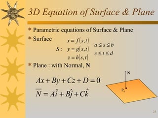 3D Equation of Surface & Plane
 Parametric equations of Surface & Plane
 Surface

x = f ( s, t )

S : y = g ( s, t )
z = h( s , t )

a≤s≤b
c≤t ≤d

 Plane : with Normal, N

Ax + By + Cz + D = 0
ˆ
ˆ
N = Ai + Bˆ + Ck
j

N

P0

25

 