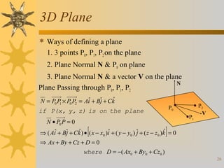 3D Plane
 Ways of defining a plane

1. 3 points P0, P1, P2 on the plane
2. Plane Normal N & P0 on plane
3. Plane Normal N & a vector V on the plane
N
Plane Passing through P0, P1, P2
ˆ
ˆ
N = P0 P × P0 P2 = Ai + Bˆ + Ck
j
1

P0

if P(x, y, z) is on the plane
N • P0 P = 0

[

P1

P2
V

]

ˆ
ˆ
ˆ
ˆ
⇒ ( Ai + Bˆ + Ck ) • ( x − x0 )i + ( y − y0 ) ˆ + ( z − z0 )k = 0
j
j
⇒ Ax + By + Cz + D = 0
where D = −( Ax0 + By0 + Cz0 )
26

 