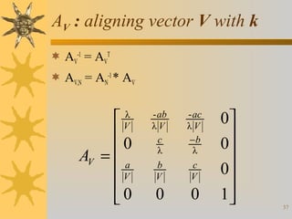 AV : aligning vector V with k
 AV-1 = AVT
 AV,N = AN-1 * AV


0
AV =  a
V

0
λ
V

- ab
λV
c
λ
b
V

- ac
λV
−b
λ
c
V

0

0

0

0
0

1

37

 