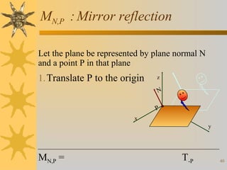 MN,P : Mirror reflection
Let the plane be represented by plane normal N
and a point P in that plane

1. Translate P to the origin

z

N
P
x
y

MN,P =

T-P

40

 
