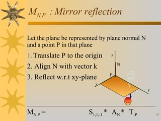MN,P : Mirror reflection
Let the plane be represented by plane normal N
and a point P in that plane

1. Translate P to the origin

2. Align N with vector k
3. Reflect w.r.t xy-plane

z

N
P

x
y

MN,P =

S1,1,-1 * AN * T-P

42

 