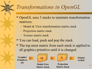 Transformations in OpenGL
 OpenGL uses 3 stacks to maintain transformation

matrices:
– Model & View transformation matrix stack
– Projection matrix stack
– Texture matrix stack

 You can load, push and pop the stack
 The top most matrix from each stack is applied to

all graphics primitive until it is changed
Graphics
Primitives
(P)

M
Model-View
Matrix Stack

N
Projection
Matrix Stack

Output
N•M•P
52

 