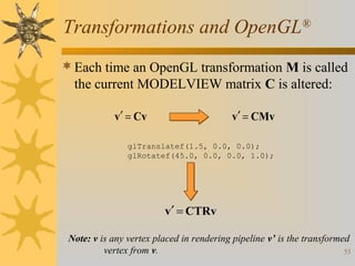 Transformations and OpenGL®
 Each time an OpenGL transformation M is called

the current MODELVIEW matrix C is altered:
v′ = Cv

v′ = CMv

glTranslatef(1.5, 0.0, 0.0);
glRotatef(45.0, 0.0, 0.0, 1.0);

v′ = CTRv
Note: v is any vertex placed in rendering pipeline v’ is the transformed
vertex from v.
55

 