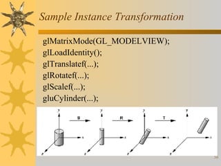 Sample Instance Transformation
glMatrixMode(GL_MODELVIEW);
glLoadIdentity();
glTranslatef(...);
glRotatef(...);
glScalef(...);
gluCylinder(...);

56

 