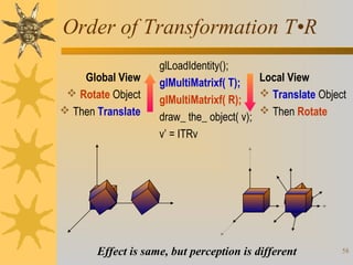 Order of Transformation T•R
Global View
 Rotate Object
 Then Translate

glLoadIdentity();
Local View
glMultiMatrixf( T);
 Translate Object
glMultiMatrixf( R);
 Then Rotate
draw_ the_ object( v);
v’ = ITRv

Effect is same, but perception is different

58

 