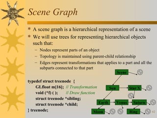 Scene Graph
 A scene graph is a hierarchical representation of a scene
 We will use trees for representing hierarchical objects

such that:
– Nodes represent parts of an object
– Topology is maintained using parent-child relationship
– Edges represent transformations that applies to a part and all the
subparts connected to that part
Scene

typedef struct treenode {
GLfloat m[16]; // Transformation
Sun
Star X
void (*f) ( );
// Draw function
struct treenode *sibling;
Earth
Venus
Saturn
struct treenode *child;
} treenode;
Moon
Ring

62

 