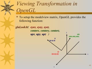 Viewing Transformation in
OpenGL
 To setup the modelview matrix, OpenGL provides the

following function:
gluLookAt( eyex, eyey, eyez,
centerx, centery, centerz,
upx, upy, upz )
up
(upx, upy, upz)

eye
(eyex, eyey, eyez)

z

y

center
(centerx, centery, centerz)

x

68

 