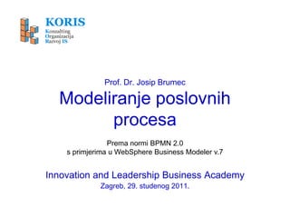 KORIS
Konzalting
Organizacija
Razvoj IS




                   Prof. Dr. Josip Brumec

     Modeliranje poslovnih
           procesa
                     Prema normi BPMN 2.0
         s primjerima u WebSphere Business Modeler v.7


Innovation and Leadership Business Academy
                  Zagreb, 29. studenog 2011.
 