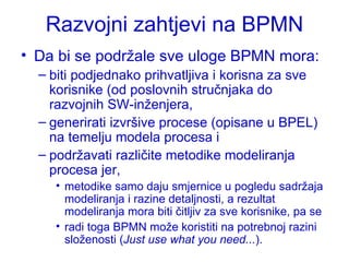 Razvojni zahtjevi na BPMN Da bi se podržale sve uloge BPMN mora: biti podjednako prihvatljiva i korisna za sve korisnike (od poslovnih stručnjaka do razvojnih SW-inženjera,  generirati izvršive procese (opisane u BPEL) na temelju modela procesa i podržavati različite metodike modeliranja procesa jer, metodike samo daju smjernice u pogledu sadržaja modeliranja i razine detaljnosti, a rezultat modeliranja mora biti čitljiv za sve korisnike, pa se radi toga BPMN može koristiti na potrebnoj razini složenosti ( Just use what you need... ).  