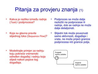 Pitanja za provjeru znanja  (1) Kakva je razlika između radnje ( Task ) i podprocesa? Koja su glavna pravila slijednog toka ( Sequence Flow )? Modelirajte primjer za radnju koju pokreće vremenski određen događaj i radnju koja slijedi nakon pojave tog događaja. Podproces se može dalje razložiti na podprocese ili radnje, dok se radnja ne može dalje detaljizirati. Slijedni tok može povezivati samo aktivnosti, događaje i vrata, ne može prijeći granice podprocesa niti granice polja.  Podijeliti ispitne zadatke Ocijeniti ispitne zadatke 