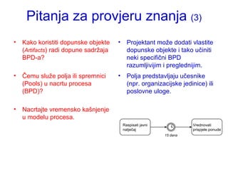 Pitanja za provjeru znanja  (3) Kako koristiti dopunske objekte ( Artifacts ) radi dopune sadržaja BPD-a? Čemu služe polja ili spremnici (Pools) u nacrtu procesa (BPD)? Nacrtajte vremensko kašnjenje u modelu procesa. Projektant može dodati vlastite dopunske objekte i tako učiniti neki specifični BPD razumljivijim i preglednijim. Polja predstavljaju učesnike (npr. organizacijske jedinice) ili poslovne uloge. Raspisati javni natječaj Vrednovati prispjele ponude 15 dana 