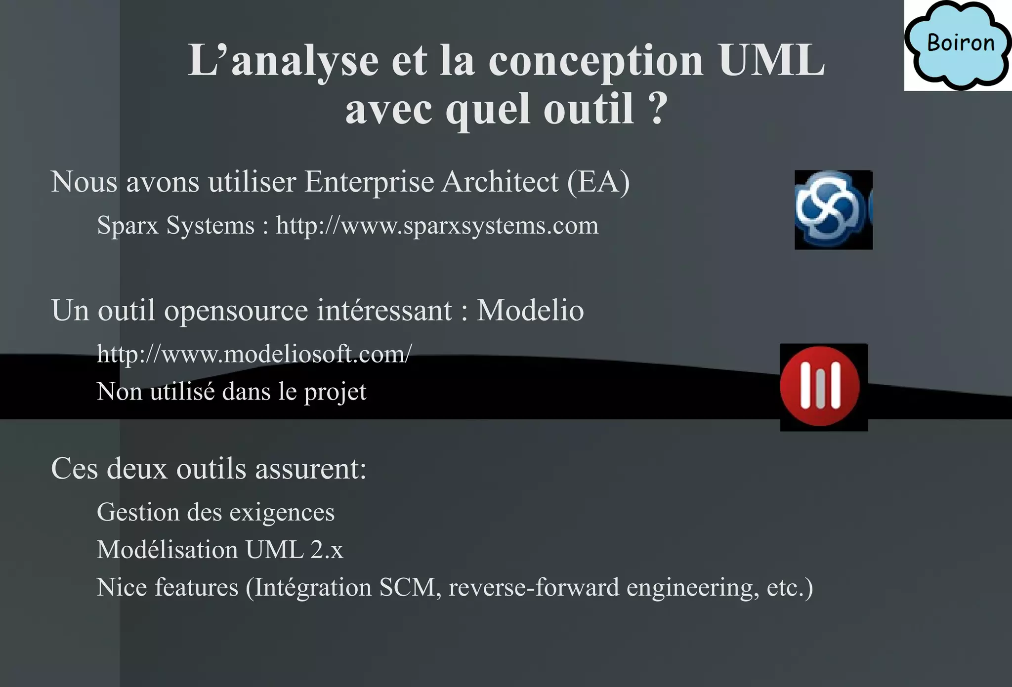 Nous avons utiliser Enterprise Architect (EA) Sparx Systems : http:// www.sparxsystems.com  Un outil opensource intéressant : Modelio http://www.modeliosoft.com/ Non utilisé dans le projet Ces deux outils assurent: Gestion des exigences Modélisation UML 2.x Nice features (Intégration SCM, reverse-forward engineering, etc.) L’analyse et la conception UML avec quel outil ? 