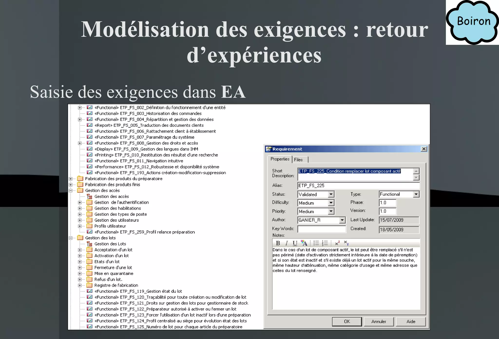 Modélisation des exigences : retour d’expériences Saisie des exigences dans  EA 