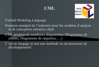 UML Unified Modeling Language Notation standard de l’industrie pour les modèles d’analyse et de conception orientées objet UML propose de nombreux diagrammes (Diagramme de classes, Diagramme de séquence, …) C’est un langage et non une méthode ou un processus de développement! 