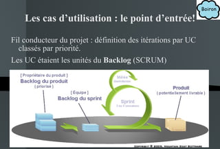 Les cas d’utilisation : le point d’entrée! Fil conducteur du projet : définition des itérations par UC classés par priorité. Les UC étaient les unités du  Backlog  (SCRUM) 