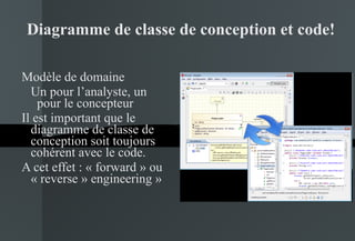 Diagramme de classe de conception et code! Modèle de domaine Un pour l’analyste, un pour le concepteur Il est important que le diagramme de classe de conception soit toujours cohérent avec le code. A cet effet : « forward » ou « reverse » engineering » 