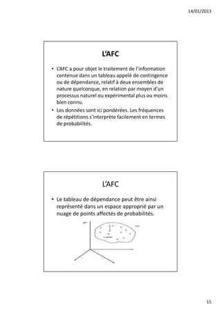 14/01/2013




                      L’AFC
• L’AFC a pour objet le traitement de l’information
  contenue dans un tableau appelé de contingence
  ou de dépendance, relatif à deux ensembles de
  nature quelconque, en relation par moyen d’un
  processus naturel ou expérimental plus ou moins
  bien connu.
• Les données sont ici pondérées. Les fréquences
  de répétitions s’interprète facilement en termes
  de probabilités.




                      L’AFC
• Le tableau de dépendance peut être ainsi
  représenté dans un espace approprié par un
  nuage de points affectés de probabilités.




                                                             15
 