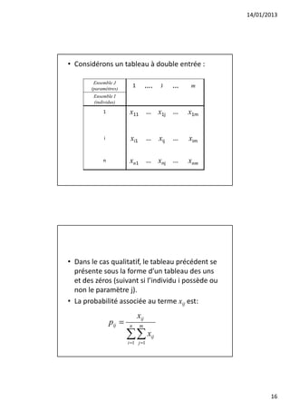 14/01/2013




• Considérons un tableau à double entrée :

        Ensemble J
       (paramèttres)
                              1         ….    J   …   m
        Ensemble I
        (individus)
            1             x11 … x1j …                 x1m


             i            xi1           … xij     …   xim

            n             xn1 … xnj …                 xnm




• Dans le cas qualitatif, le tableau précédent se
  présente sous la forme d’un tableau des uns
  et des zéros (suivant si l’individu i possède ou
  non le paramètre j).
• La probabilité associée au terme xij est:
                                  xij
                 pij =    n        m

                         ∑∑ x
                         i =1 j =1
                                         ij




                                                                   16
 