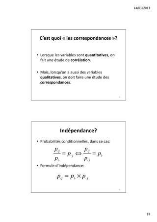 14/01/2013




 C’est quoi « les correspondances »?


• Lorsque les variables sont quantitatives, on
  fait une étude de corrélation.

• Mais, lorsqu’on a aussi des variables
  qualitatives, on doit faire une étude des
  correspondances.


                                                 35




                Indépendance?
• Probabilités conditionnelles, dans ce cas:
          pij               pij
                = p⋅ j ⇔           = pi⋅
          pi⋅               p⋅ j
• Formule d’indépendance:

            pij = pi⋅ × p⋅ j
                                                 36




                                                             18
 