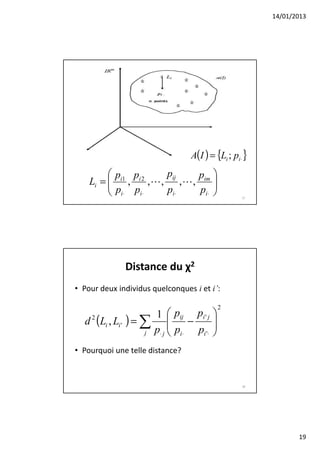 14/01/2013




                                  A(I ) = {Li ; pi⋅ }
         p p            p        p 
    Li =  i1 , i 2 , L , ij , L , im 
         p p
          i⋅    i⋅      pi ⋅      pi⋅ 
                                                  37




              Distance du χ2
• Pour deux individus quelconques i et i’:

                                             2
                         1  pij pi ' j 
  d 2 (Li , Li ' ) = ∑        p − p 
                                        
                    j    p⋅ j  i⋅  i '⋅ 

• Pourquoi une telle distance?



                                                   38




                                                               19
 