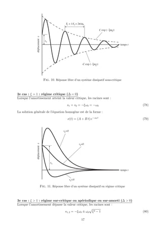 temps t
déplacementx
x0
T = 1/f = 2π/ωddd
-C exp (- ξω t)
C exp (- ξω t)
0
0
Fig. 10. R´eponse libre d’un syst`eme dissipatif sous-critique
2e cas : ξ = 1 : r´egime critique (∆ = 0)
Lorsque l’amortissement atteint la valeur critique, les racines sont :
s1 = s2 = −ξω0 = −ω0 (78)
La solution g´en´erale de l’´equation homog`ene est de la forme :
x(t) = (A + B t) e− ω0 t
(79)
temps t
déplacementx
x0
v >00
v =00
v <00
Fig. 11. R´eponse libre d’un syst`eme dissipatif en r´egime critique
3e cas : ξ > 1 : r´egime sur-critique ou ap´eriodique ou sur-amorti (∆ > 0)
Lorsque l’amortissement d´epasse la valeur critique, les racines sont :
s1, 2 = −ξω0 ± ω0 ξ2 − 1 (80)
17
 