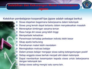 LOGOKelebihan dan Kekurangan Model Pembelajaran
Jigsaw
Kelebihan pembelajaran kooperatif tipe jigsaw adalah sebagai berikut:
 Siswa diajarkan bagaimana bekerjasama dalam kelompok
 Siswa yang lemah dapat terbantu dalam menyelesaikan masalah
 Menerapkan bimbingan sesama teman
 Rasa harga diri siswa yang lebih tinggi
 Memperbaiki kehadiran
 Penerimaan terhadap perbedaan individu lebih besar
 Sikap apatis berkurang
 Pemahaman materi lebih mendalam
 Meningkatkan motivasi belajar
 Dalam proses belajar mengajar siswa saling ketergantungan positif
 Setiap anggota siswa berhak menjadi ahli dalam kelompok
 Dapat memberikan kesempatan kepada siswa untuk bekerjasama
dengan kelompok lain
 Setiap siswa saling mengisi satu sama lain.
 