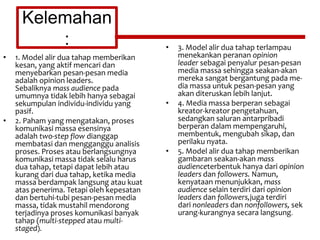 Kelemahan
:
• 1. Model alir dua tahap memberikan
kesan, yang aktif mencari dan
menyebarkan pesan-pesan media
adalah opinion leaders.
Sebaliknya mass audience pada
umumnya tidak lebih hanya sebagai
sekumpulan individu-individu yang
pasif.
• 2. Paham yang mengatakan, proses
komunikasi massa esensinya
adalah two-step flow dianggap
membatasi dan mengganggu analisis
proses. Proses atau berlangsungnya
komunikasi massa tidak selalu harus
dua tahap, tetapi dapat lebih atau
kurang dari dua tahap, ketika media
massa berdampak langsung atau kuat
atas penerima. Tetapi oleh kepesatan
dan bertuhi-tubi pesan-pesan media
massa, tidak mustahil mendorong
terjadinya proses komunikasi banyak
tahap (multi-stepped atau multi-
staged).
• 3. Model alir dua tahap terlampau
menekankan peranan opinion
leader sebagai penyalur pesan-pesan
media massa sehingga seakan-akan
mereka sangat bergantung pada me-
dia massa untuk pesan-pesan yang
akan diteruskan lebih lanjut.
• 4. Media massa berperan sebagai
kreator-kreator pengetahuan,
sedangkan saluran antarpribadi
berperan dalam mempengaruhi,
membentuk, mengubah sikap, dan
perilaku nyata.
• 5. Model alir dua tahap memberikan
gambaran seakan-akan mass
audienceterbentuk hanya dari opinion
leaders dan followers. Namun,
kenyataan menunjukkan, mass
audience selain terdiri dari opinion
leaders dan followers,juga terdiri
dari nonleaders dan nonfollowers, sek
urang-kurangnya secara langsung.
 