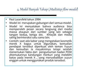 4. Model Banyak Tahap (Multistep flow model)
• Paul Lazarsfeld tahun 1994
• Model ini merupakan gabungan dari semua model.
• Model ini menyatakan bahwa audience bisa
memperoleh pesan secara langsung dari media
massa ataupun dari sumber yang lain sebagai
tangan kedua, ketiga dst. Khlayak dan media
saling berinteraksi satu sama lain.
• Contoh: saat ada kabar yang mengatakan kosmetik
merek X bagus untuk digunakan, kemudian
pendapat tersebut diperkuat oleh teman Yuyun
dan kemudian ia meyakininya tetapi setelah
menemukan fakta dari pengumuman badan POM
ditemukannya kandungan merkuri yang melebihi
batas pada merek X , yang menyebabkan yuyun
enggan untuk menggunakan produk tersebut.
 