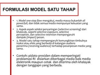 FORMULASI MODEL SATU TAHAP
• 1. Model one-step flow mengakui, media massa bukanlah all
powerfull, dan tidak semua media mempunyai kekuatan yang
sama.
• 2. Aspek-aspek seleksi penyaringan (selective screening) dari
khalavak, seperti selective exposure, selective
perception, dan selective retention mempengaruhi
dampak (impact) pesan.
• 3. Model satu tahap mempengaruhi kemungkinan timbulnya
reaksi atau efek yang berbeda di kalangan audiens
penerima (receiving audience) terhadap pesanpesan media yang
sama.
• Contoh: pidato presiden dalam memperingati
proklamasi RI disiarkan diberbagai media baik media
elektronik maupun cetak dan diterima oleh khalayak
dengan tanggapn yang berbeda.
 