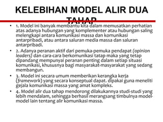 KELEBIHAN MODEL ALIR DUA
TAHAP• 1. Model ini banyak membantu kita dalam memusatkan perhatian
atas adanya hubungan yang komplementer atau hubungan saling
melengkapi antara komunikasi massa dan komunikasi
antarpribadi, atau antara saluran media massa dan saluran
antarpribadi.
• 2. Adanya peranan aktif dari pemuka-pemuka pendapat (opinion
leaders) dan cara-cara berkomunikasi tatap maka yang tetap
dipandang mempunyai peranan penting dalam setiap situasi
komunikasi, khususnya bagi masyarakat-masyarakat yang sedang
membangun.
• 3. Model ini secara umum memberikan kerangka kerja
(framework) yang secara konseptual dapat. dipakai guna meneliti
gejala komunikasi massa yang amat kompleks.
• 4. Model alir dua tahap mendorong dilakukannya studi-studi yang
lebih mendalam, sehingga berhasil merangsang timbulnya model-
model lain tentang alir komunikasi massa.
 