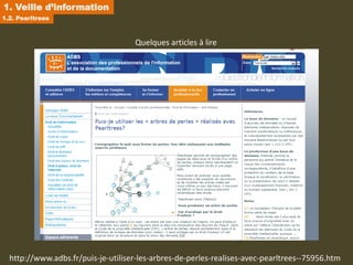 1. Veille d’information
1.2. Pearltrees



                                    Quelques articles à lire




  http://www.adbs.fr/puis-je-utiliser-les-arbres-de-perles-realises-avec-pearltrees--75956.htm
 