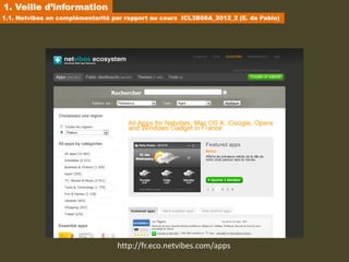 1. Veille d’information
1.1. Netvibes en complémentarité par rapport au cours ICL3B06A_2012_2 (E. de Pablo)




                                  http://fr.eco.netvibes.com/apps
 
