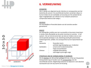 6. VERNIEUWING
                                              KENMERK
                                              Hier is sprake van alignment op de intenties en consequenties van het
                                              beleid bij alle actoren. De verschillende krachten versterken elkaar en
                                              kunnen leiden tot een werkelijke vernieuwing van het aanbod dat de
                                              eigen mogelijkheden van cliënten en hun netwerk versterkt en
                                              compensatie biedt als dat nodig is.

                                              GEVOLG
                                              De inhoudelijke en financiële doelen van de transities worden
                                              gerealiseerd.

                                              RISICO
                                              Een belangrijke conditie voor een succesvolle en duurzame invoering is
                                              in sterke mate afhankelijk van de juiste incentives en sancties in het
3-D in 3-D




                                              systeem. Het zal niet de eerste keer zijn dat een heldere visie en een
                                              vernieuwende werkwijze in de uitwerking wordt gefrustreerd door
                                              verkeerd gerichte prikkels. De consequenties kunnen bijvoorbeeld zijn
                                              voor:
                                              Gemeente       :       financiële risico’s
              NAAR




                                                             :       politieke tegenbeweging a.g.v. Incidenten
                                              Aanbieders :           omzet en/of rendementsverlies
                                                             :       hoge transactiekosten
             CLIENT




                                              Cliënten       :       ongelijke behandeling
                                                             :       overvragen op de eigen regie

                                              STRATEGIE OM DE VERNIEUWING TE BORGEN
               VAN




                                              Als de intenties van alle partijen gelijkgericht zijn, is het van het grootste
                                              belang steeds oog te houden voor de consequenties voor de
                      VAN   GEMEENTE   NAAR   verschillende actoren. Regelmatig evalueren en bijsturen is een absolute
                                              voorwaarde voor een duurzame vernieuwing.

                                                                                                                               9
 
