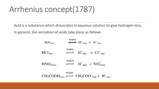 Arrhenius concept(1787)
Acid is a substance which dissociates in aqueous solution to give hydrogen ions.
In general, the ionization of acids take place as follows
 