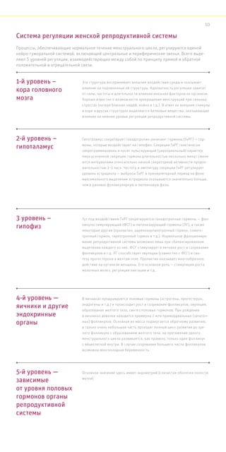 Процессы, обеспечивающие нормальное течение менструального цикла, регулируются единой
нейро-гуморальной системой, включающей центральные и периферические звенья. Всего выде-
ляют 5 уровней регуляции, взаимодействующих между собой по принципу прямой и обратной
положительной и отрицательной связи.
1-й уровень –
кора головного
мозга
Эта структура воспринимает внешние воздействия среды и оказывает
влияние на подчиненные ей структуры. Адекватность регуляции зависит
от силы, частоты и длительности влияния внешних факторов на организм.
Хорошо известно о возможности прекращения менструаций при сильных
стрессах (потеря близких людей, война и т.д.). В ответ на внешние стимулы
в коре и других структурах выделяются белковые вещества, оказывающие
влияние на нижние уровни регуляции репродуктивной системы.
2-й уровень –
гипоталамус
Гипоталамус секретирует гонадотропин-рилизинг гормоны (ГнРГ) — гор-
моны, которые воздействуют на гипофиз. Секреция ГнРГ генетически
запрограммирована и носит пульсирующий (цирхориальный) характер:
пики усиленной секреции гормона длительностью несколько минут сменя-
ются интервалами относительно низкой секреторной активности продол-
жительностью 1–3 часа. Частоту и амплитуду секреции ГнРГ регулирует
уровень эстрадиола — выбросы ГнРГ в преовуляторный период на фоне
максимального выделения эстрадиола оказываются значительно больше,
чем в раннюю фолликулярную и лютеиновую фазы.
3 уровень –
гипофиз
Тут под воздействием ГнРГ секретируются гонадотропные гормоны — фол-
ликулостимулирующий (ФСГ) и лютенизирующий гормоны (ЛГ), а также
некоторые другие (пролактин, адренокортикотропный гормон, сомато-
тропный гормон, тиреотропный гормон и т.д.). Нормальное функциониро-
вание репродуктивной системы возможно лишь при сбалансированном
выделении каждого из них. ФСГ стимулирует в яичнике рост и созревание
фолликулов и т.д. ЛГ способствует овуляции (совместно с ФСГ) и син-
тезу прогестерона в желтом теле. Пролактин оказывает многообразное
действие на организм женщины. Его основная роль — стимуляция роста
молочных желез, регуляция лактации и т.д.
4-й уровень —
яичники и другие
эндокринные
органы
В яичниках продуцируются половые гормоны (эстрогены, прогестерон,
андрогены и т.д.) и происходит рост и созревание фолликулов, овуляция,
образование желтого тела, синтез половых гормонов. При рождении
в яичниках девочки находится примерно 2 млн примордиальных (зачаточ-
ных) фолликулов. Основная их масса подвергается обратному развитию,
и только очень небольшая часть проходит полный цикл развития до зре-
лого фолликула с образованием желтого тела. на протяжении одного
менструального цикла развивается, как правило, только один фолликул
с яйцеклеткой внутри. В случае созревания большего числа фолликулов
возможна многоплодная беременность.
5-й уровень —
зависимые
от уровня половых
гормонов органы
репродуктивной
системы
Основное значение здесь имеет эндометрий (слизистая оболочка полости
матки).
Система регуляции женской репродуктивной системы
10
 